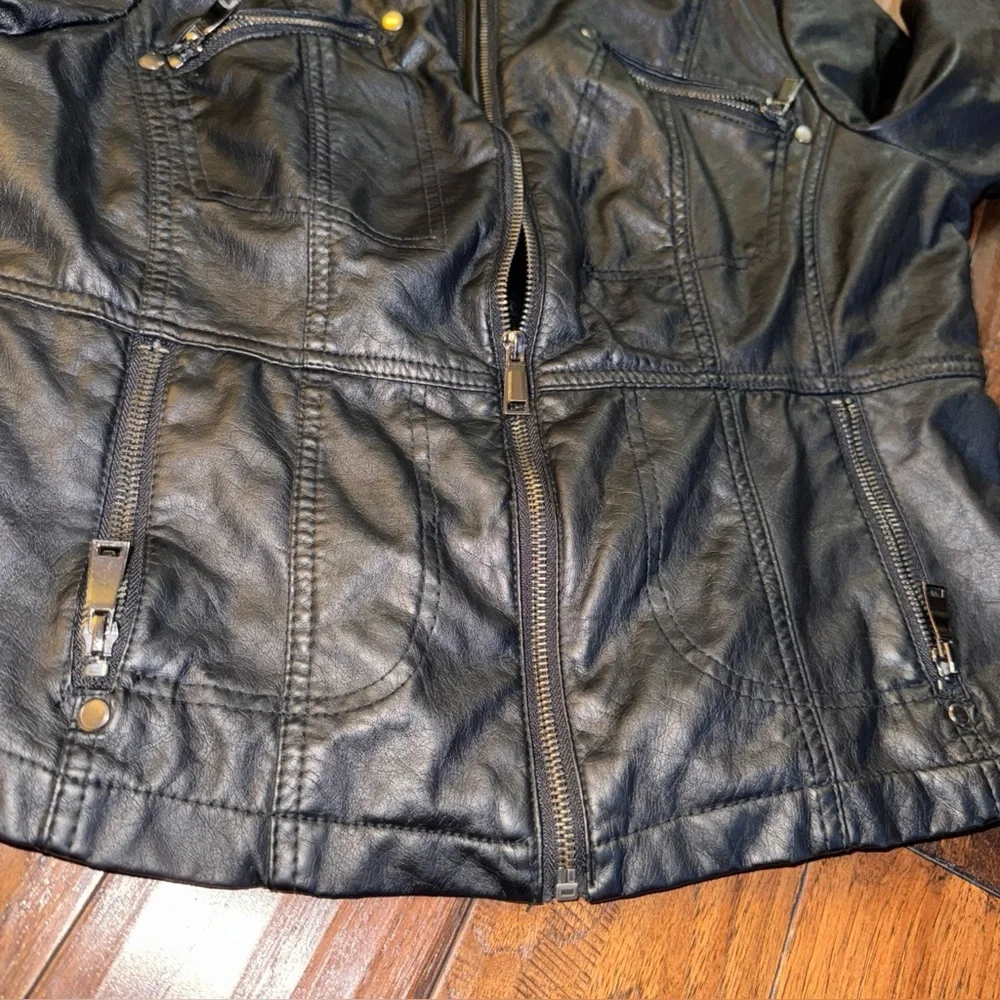 J2 Faux Leather Jacket Women Large Black‎ Moto Biker Zipper Long Sleeve Pockets